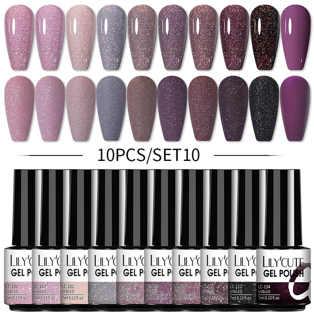 LILYCUTE 10/20/8/2pcs Gel Nail Polish Set Semi Permanent Glitter Hybrid Varnish Base Top Coat Soak Off UV LED Nails Gel