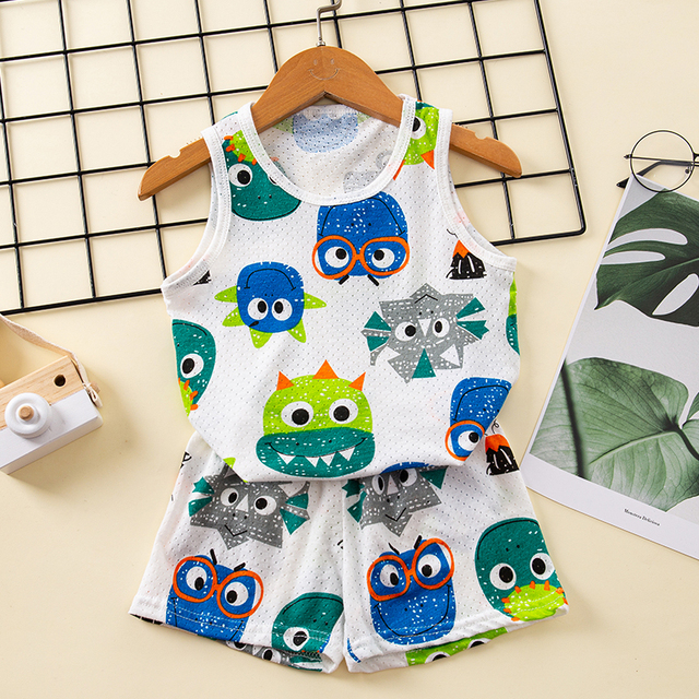 Baby Kids Pajamas Sets Cotton Boys Pajamas For Girls Sleeveless Hollow Dinosaur Tshirt Short Summer Pajama Suit Children Clothes