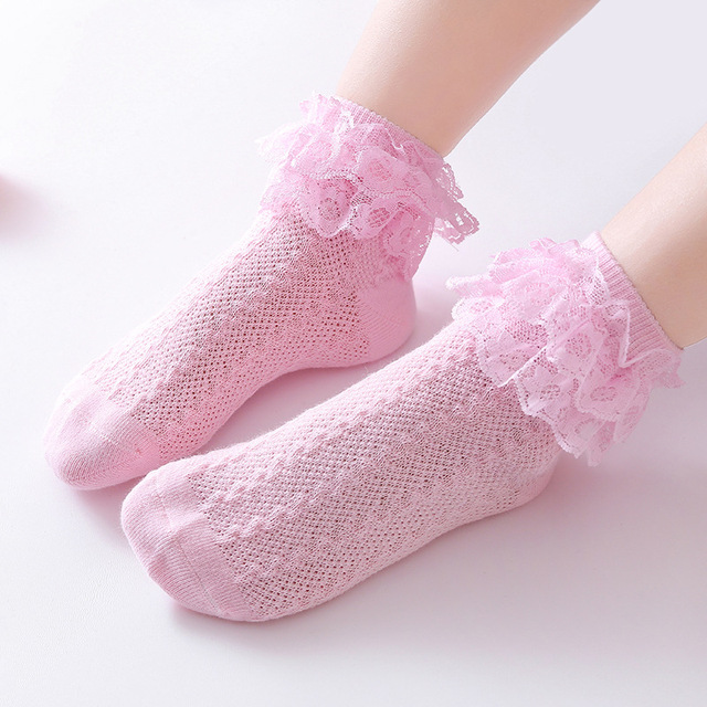 Breathable Cotton Socks with Lace for Little Girl Mesh Ruffle Socks for Kids White Pink Yellow Ankle Socks