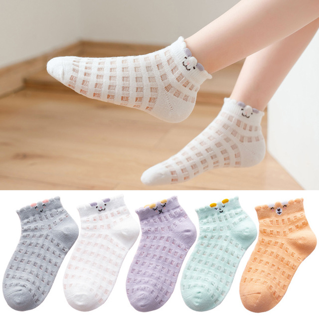 5 Pairs Girls Cotton Socks Summer Thin Mesh Breathable Cute Cartoon Children Socks Toddler Baby Girls Socks Pink 1-12 Years