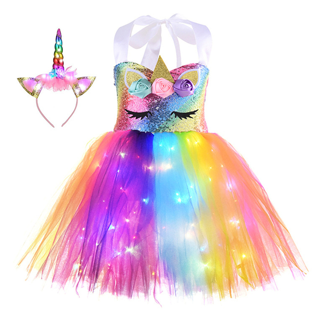 Girl Unicorn Dresses for Girls Tutu Princess Party Dresses with LED Lights Flower Birthday Party Cosplay Costume Girls Clothing