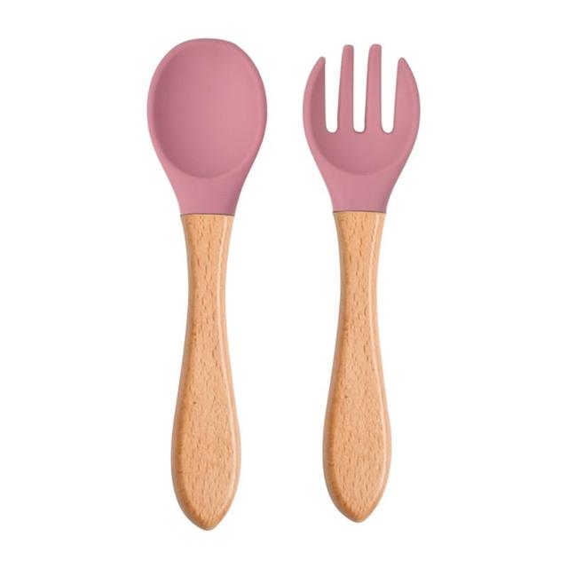 2pcs Silicone Baby Tips Feeding Training Spoon and Fork Set with Wooden Handle Toddlers Babies Eat Standalone Accessory