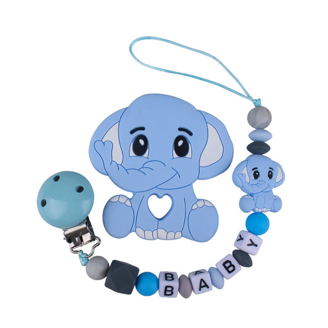 Customized Name Newborn Infant Baby Pacifier Clips Chain Elephant Silicone Beads Toy Teether Toy Doll Baby Holder Pacifier Chain