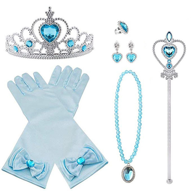 Princess Elsa jewelry set, accessories, gloves, wand, tiara, necklace, wig, princess dress, fancy dress