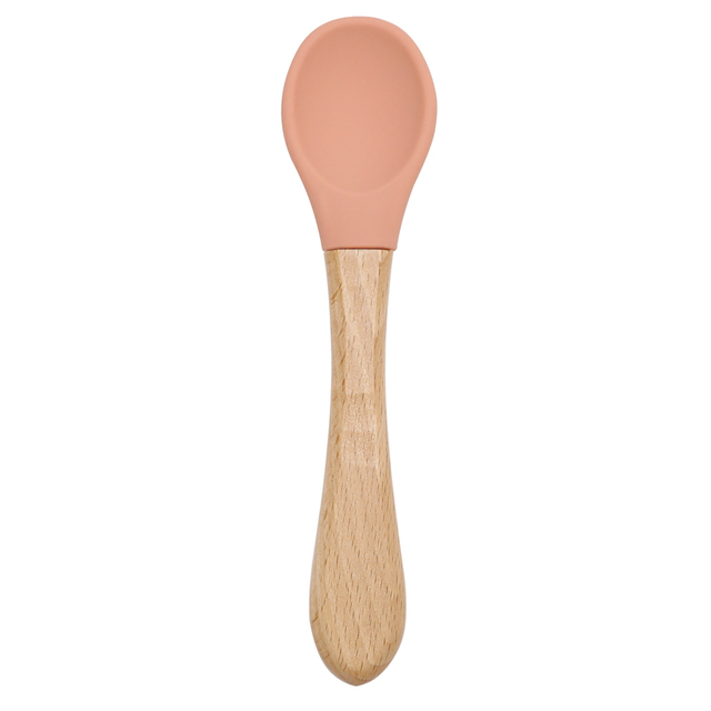 Wooden Feeding Handle Silicone Spoon For Baby Utensils Eat Soild Food Kids Training Ability Manipulation Children's Tableware