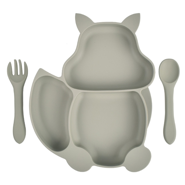 Baby Food Squirrel Silicone Baby Feeding Tray With Fork Spoon Set Dinnerware Training