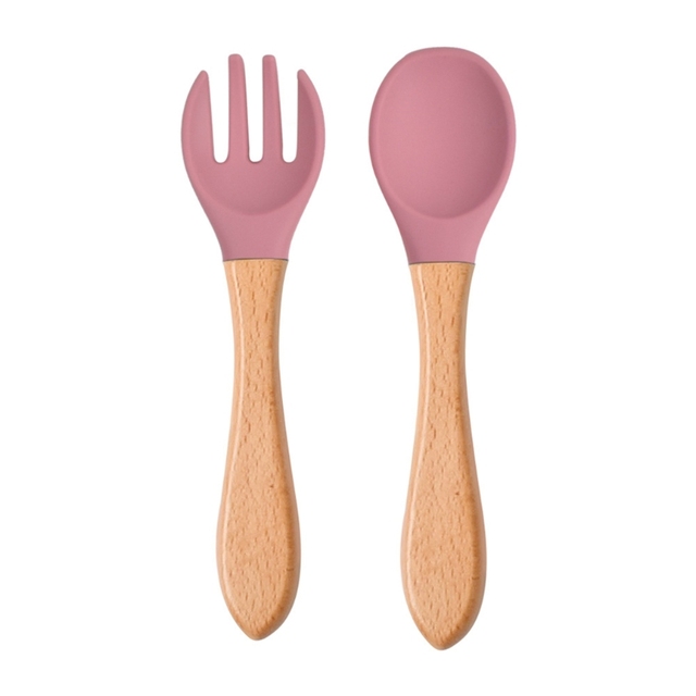 2pcs silicone tips baby feeding training spoon and fork set with wooden handle