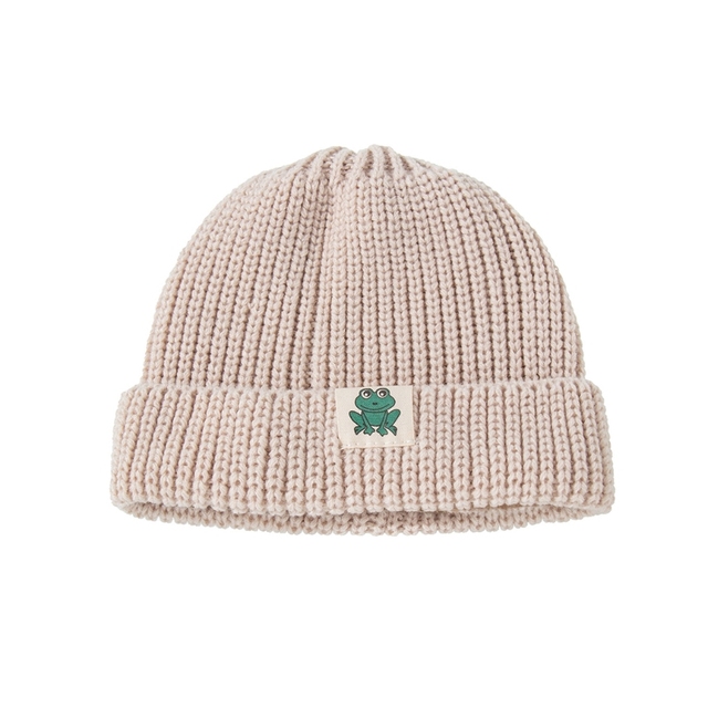 Autumn Winter Solid Color Baby Knitted Warm Hat Soft Casual Hemming Hat Kids Girls Boys Frog Label Beanies Clothes