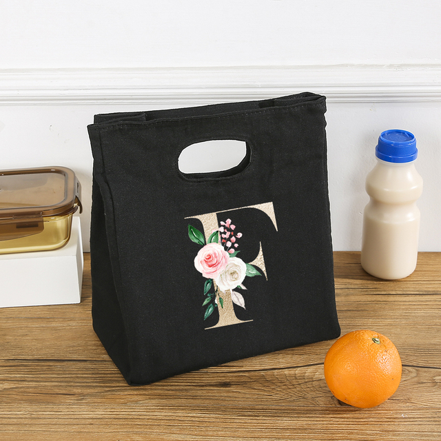 Rose Flower Letters A-Z Canvas Lunch Bag Harajuku Insulated Functional Thermal Pouch Cooler Bags for Women Funny Kid Picnic Box