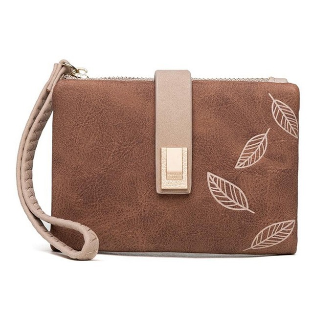 Engraved Leaves Small Wallet Women Wristlet Brand Women Purse Soft Pu Leather Ladies Wallet Card Holder Mini Girl Purse Clutch