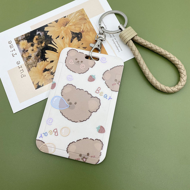 New Cute Cartoon Flocking Bear ID Credit Bank Card Holder Student Keychain Bus Card Case ID Badge Cover Women Men Pendants