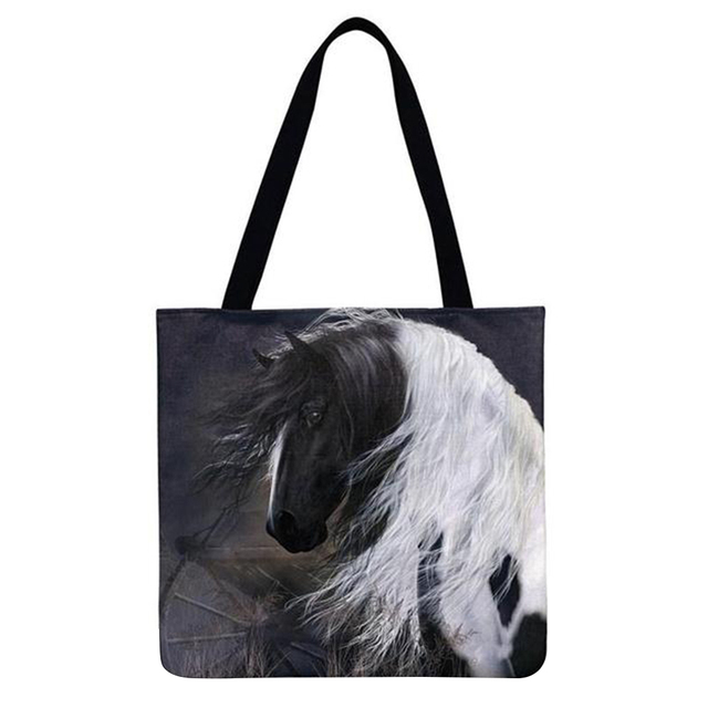 Reusable Linen Shopping Bags Casual Ladies Animal Horse Printed Pattern Tote Square Large Capacity Storage Bag