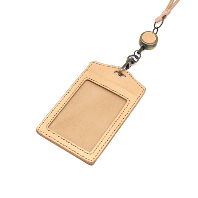 New Fashion ID Badge Holder First Layer Leather High Quality Handmade 100% Genuine Leather Stretch Work ID Hanging Neck Badge Tag