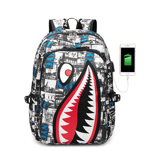 Fashion trend lightweight shark boy student backpack computer USB charging simple printing personality junior high school bag