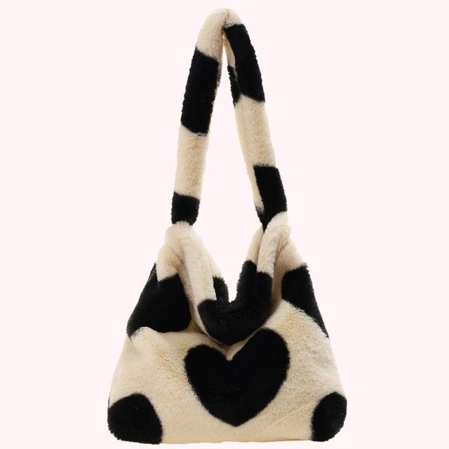 Love Heart Print Bags for Women 2021 Soft Plush Shoulder Bags Female Leopard Pattern Handbag Winter Warm Fluffy Bucket Bags