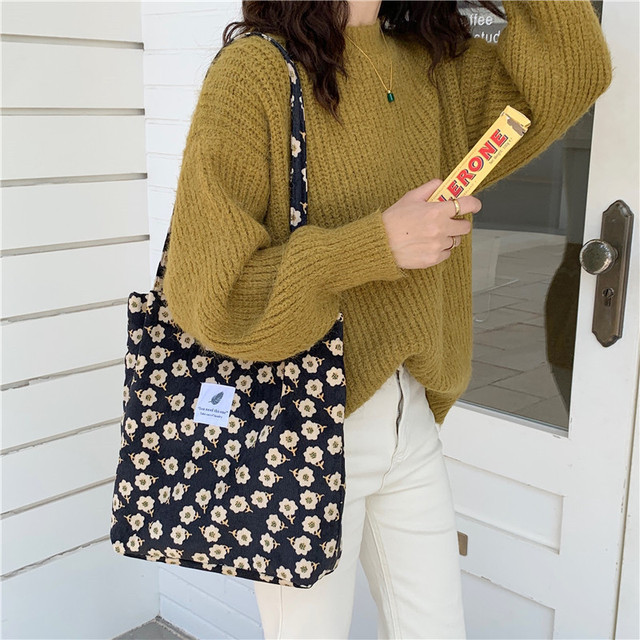 Women Corduroy Handbag New Fashion Floral Printing Large Capacity Canavs Shoulder Bag 2022 Summer Ladies Shopping Messenger Bag