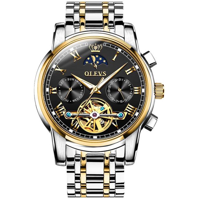 OLEVS-Men's Mechanical Watch, Classic, Water Resistant, Stainless Steel, Skeleton, Mechanical