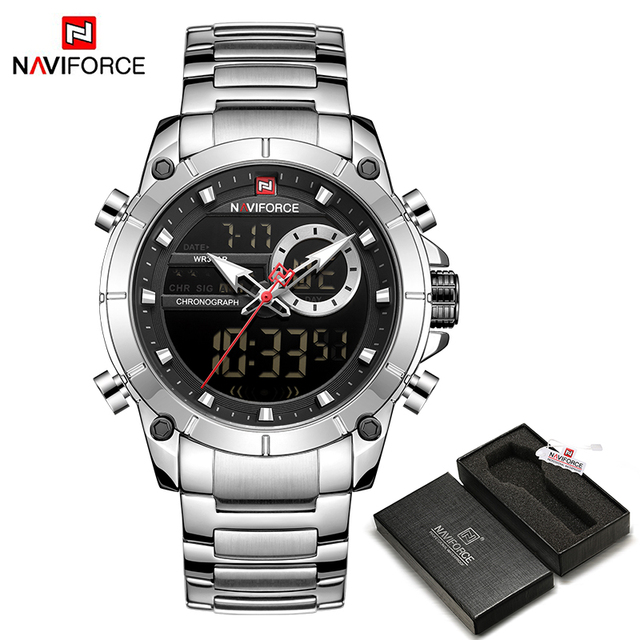 NAVIFORCE Men Military Sports Wrist Watch Gold Quartz Steel Waterproof Dual Display Male Clock Watches Relogio Masculino 9163