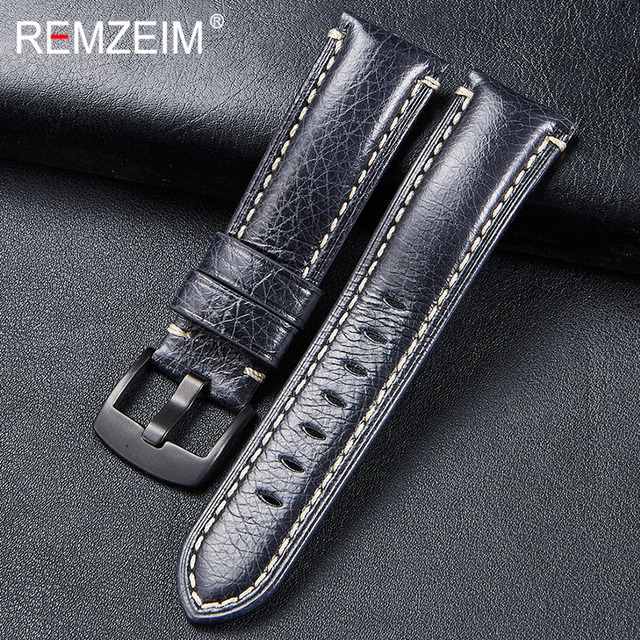 Remz Patterned - Genuine Leather Watch Strap, Brown, Green, Antique, 20, 22, 24, 26 mm, with Black and Silver Buckle