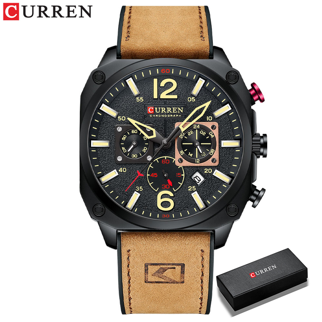 CURREN New 8398 Men's Watch Fashion Waterproof Male Multifunction Chronograph Leather Watch Six Needle Calendar Quartz Watches