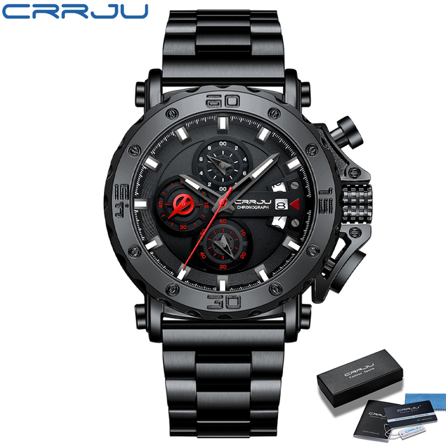 CRRJU Men Watch Luxury Brand Big Dial Stainless Steel Waterproof Chronograph Wrist Watches With Date Relogio Masculino