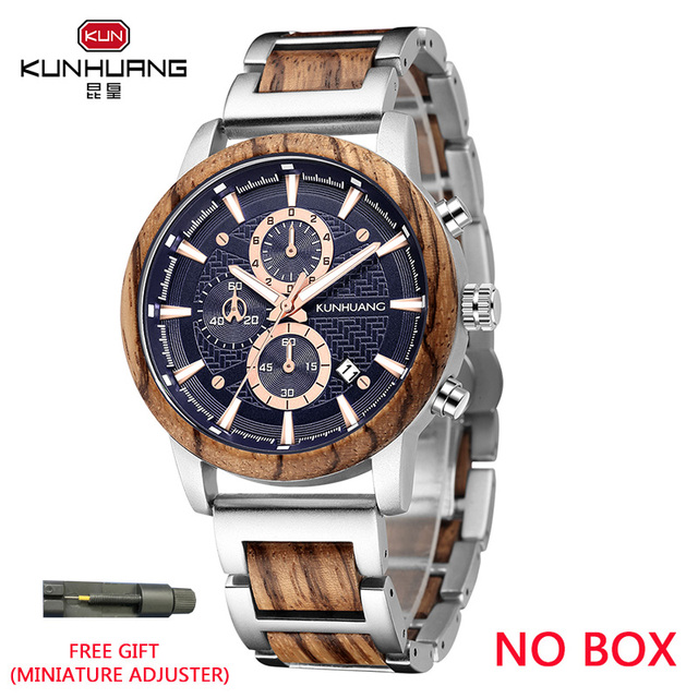 Kunhuang Luxury Wood Stainless Steel Men Watch Fashion Wooden Watches Chronograph Quartz Watches relogio masculino gift man