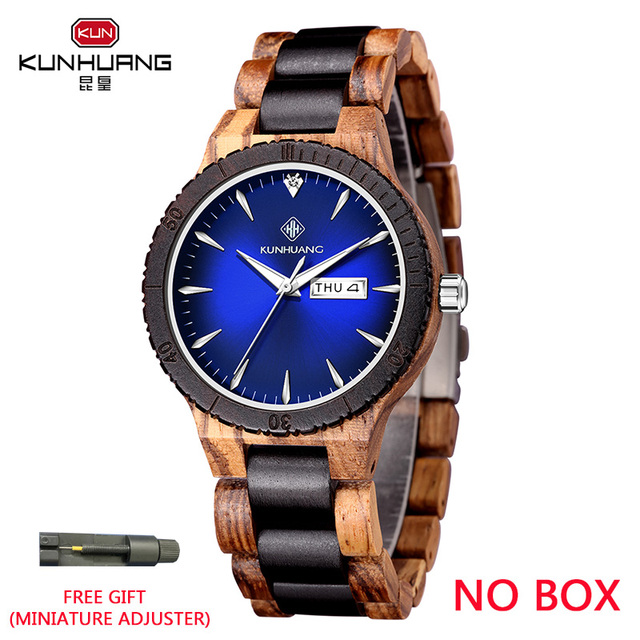 Kunhuang Men's Watch Colorful Dial Wooden Watch Week Clock Date Display Quartz Wood Wristwatch for Men Women reloj mujer