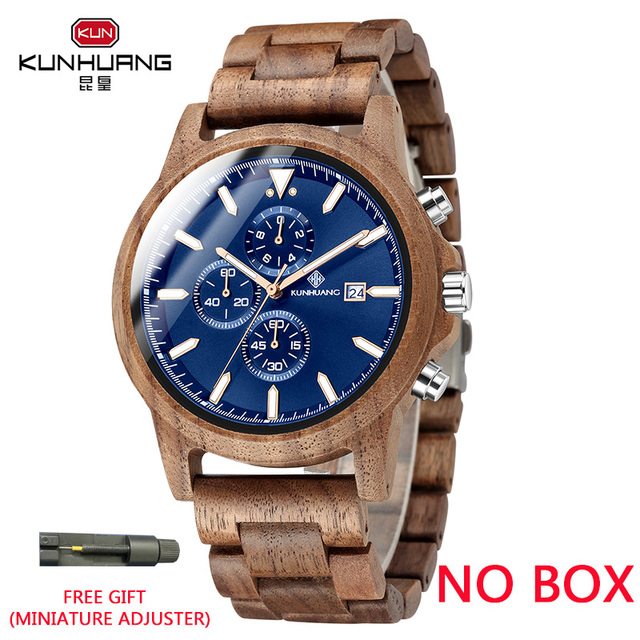 Kunhuang Handmade Wooden Watches Mens Watches Chronograph Watch Military Quartz Wristwatch Male In Wooden Gift Box Relogio