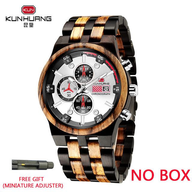 Kunhuang Wooden Mens Watch Luxury Elegant Wood Watches Chronograph Zebra Wood Quartz Watches in Wooden Gift Box reloj de hombre