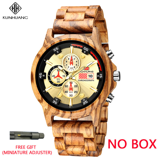 Kunhuang Luxury Natural Zebra Wood Watch Fashion Multifunction Quartz Men's Watch Chronograph Mineral Glass reloj de hombre