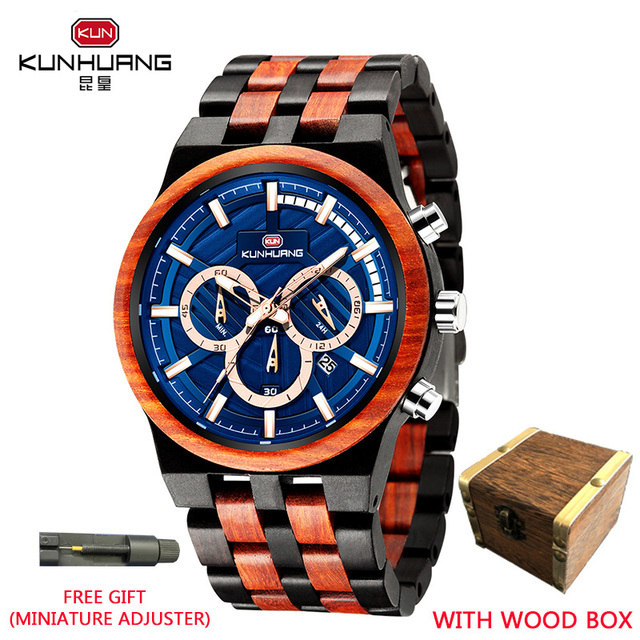 Relogio Masculino KUNHUANG Men's Wooden Watch Top Brand Luxury Stylish Chronograph Military Watches in Wooden Box reloj hom