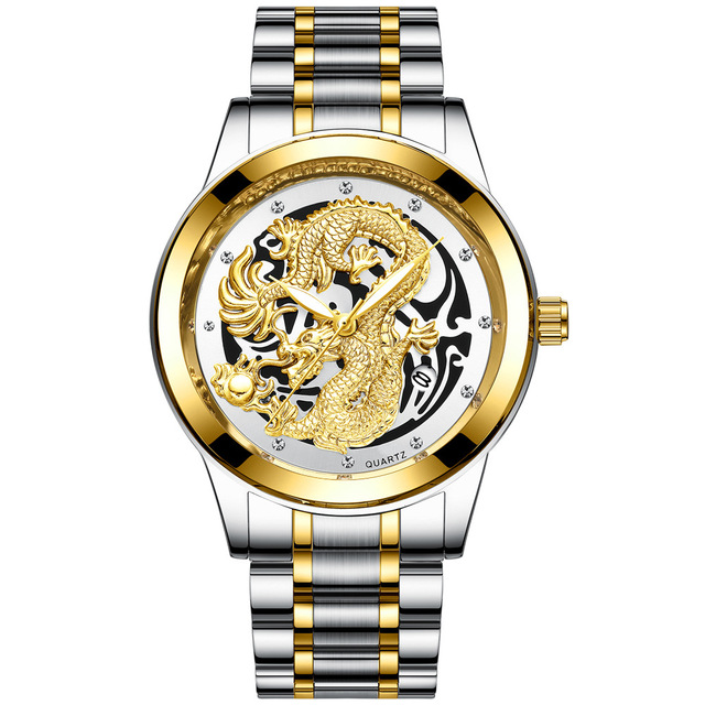 FNGEEN Mens Watches Luxury Brand Chinese Golden Dragon Quartz Watch Diamond Dial Stainless Steel Watch Male Relogio Masculin