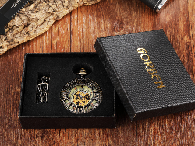 Hand Wind Mechanical Luxury Steampunk Pocket Watch Hollow Men Watches Roman Numeral Clock With Fob Chain With Box Reloj Hombre