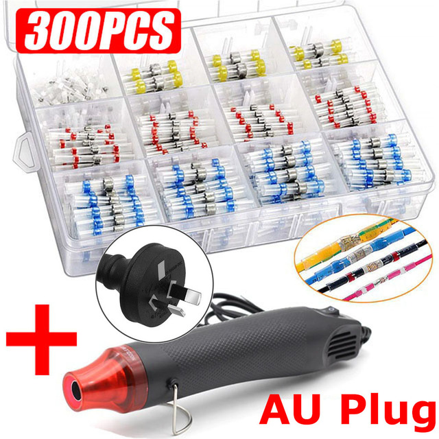 50/300pcs Waterproof Heat Shrink Butt Terminals Crimp Terminals Welding Seal Electrical Wire Twisting Cable Terminal Kit With Hot Air Gun