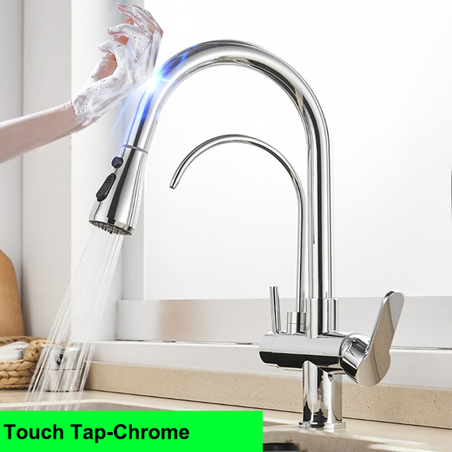 Gold Touch Filter Kitchen Mixer Tap Dual Handle Hot Cold Brass Kitchen Sink Faucets Smar Sensor Touch Pull Out Kitchen Faucets