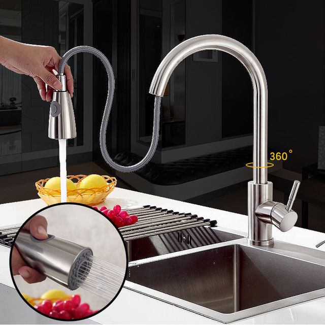 Stainless Steel Pull Out Faucet Hot and Cold Double Tube Rotate Wash Basin Faucet Telescopic Pull Down Kitchen Faucet