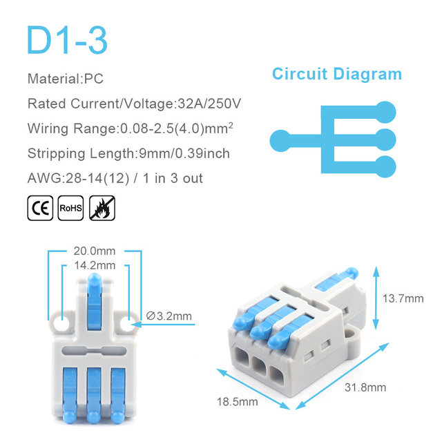 25/50/100pcs Quick Connector Compact Splitter Splicing Terminal Block M3 Screw Fixing Wire Connector for Connecting Electrical Cables