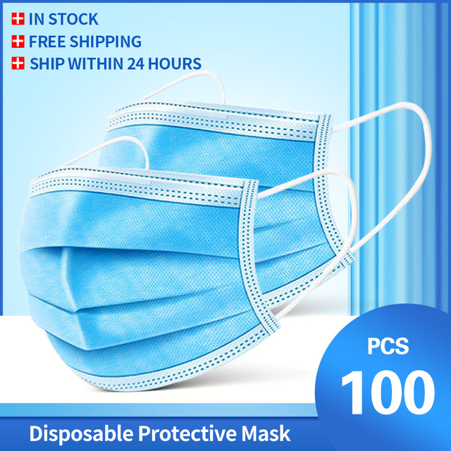 In Stock 10/100pcs Disposable Nonwoven Face Mask 3 Layers Anti Dust Respirator Mask With Elastic Ear Band For Adults