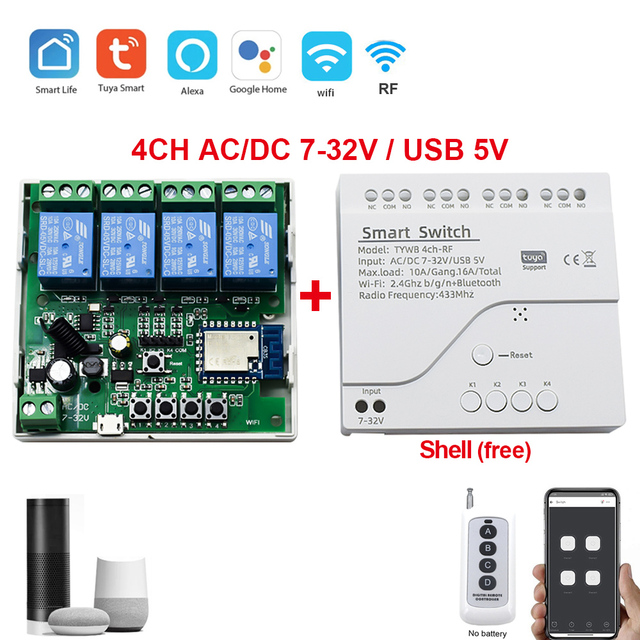 Wifi Smart Garage Door Opener RF 433 Controller Tuya Smart Life APP Timer Switch 7-32V 85-250V Receiver for Alexa Google Home