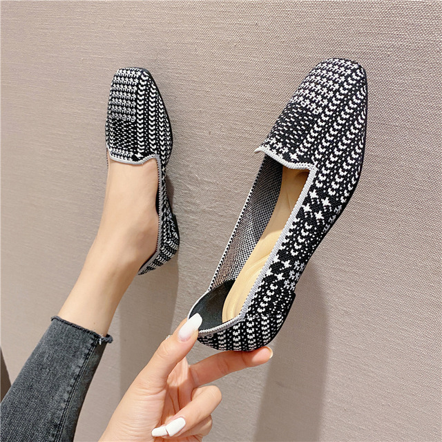 2021 Women Flat Knitted Square Toe Colorblock Soft Ladies Zapatos De Sport Zapatillas Mujer Ballet Breathable Moccasins