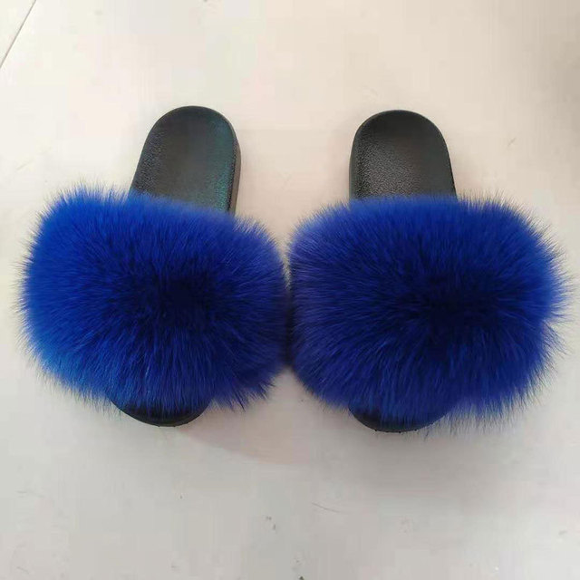 Women Summer Fluffy Fur Slippers Flat Non-slip Solid Real Furry Fur Slides Platform Shoes Plush Fur Sandals Flip Flops Women