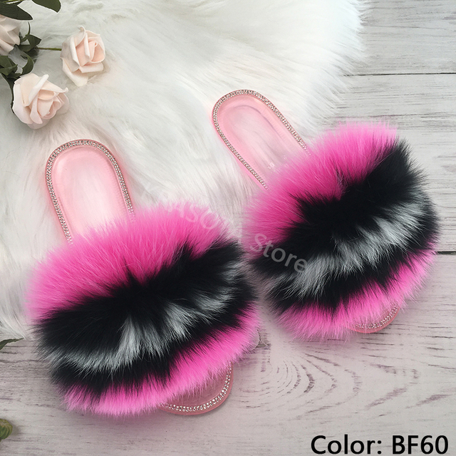 fluffy slippers women real fur home slides summer crystal rhinestones shoes for women flip flops with fur jelly sandals women