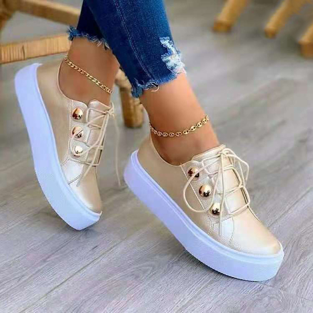 Rimocy Shiny PU Leather Thick Bottom Sneakers Woman Plus Size 43 Lace Up Platform Shoes Women Gold Silver Flats Zapatos De Mujer