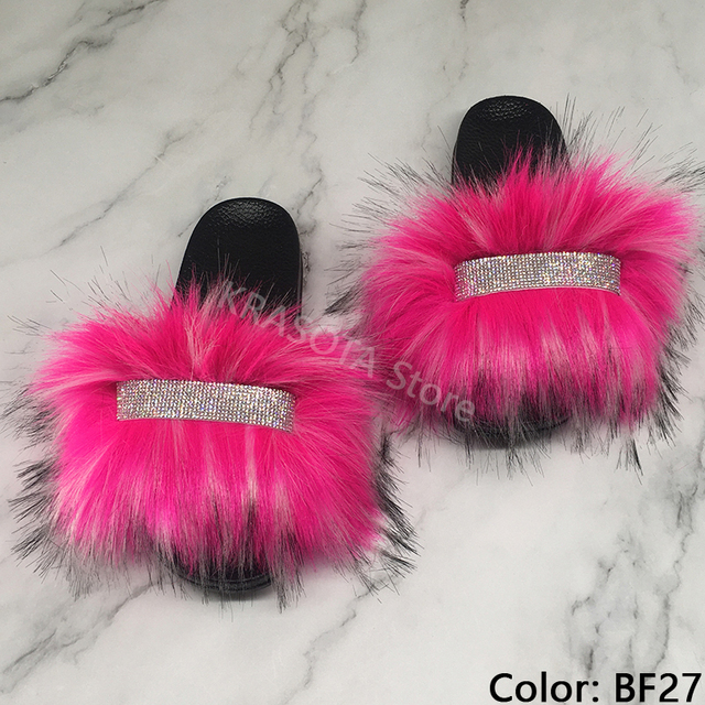 Home Slippers Women Thin Slippers Luxury Summer Faux Fur Slippers Furry Slides Shoes For Women With Rhinestones Slipper 2022