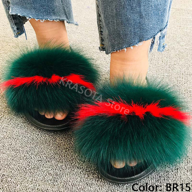 fluffy slippers women luxury real fox fur slippers women home fur slides ladies summer flip flops wholesale flat shoes slippers