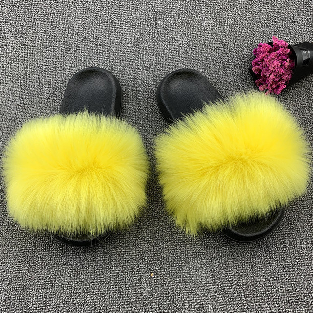 Fashion designer luxury ladies furry fur slippers colorful sandals rainbow shoes for women