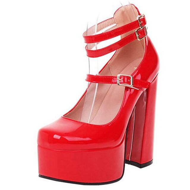 REAVE CAT Women Pumps Square Toe High Block Heels Buckle Straps Punk Plateform Big Size 35-41 Solid Red Black Sexy Spring S3626