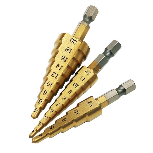 3-12mm 4-12mm 4-20mm Step Cone Drill Bit Hole Cutter Preferred Tool Hex Shank Step Drills Shank Coated Metal Drill Bit for Metal Wood