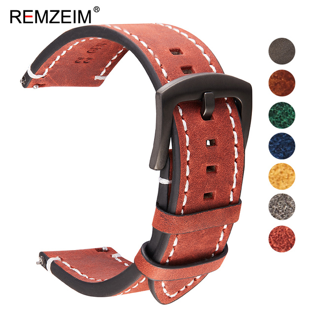 Remz Plaid - Genuine Leather Watch Band for Men and Women, Black, Blue, Gray, Brown, Cowhide, 18mm, 20mm, 22mm, 24mm