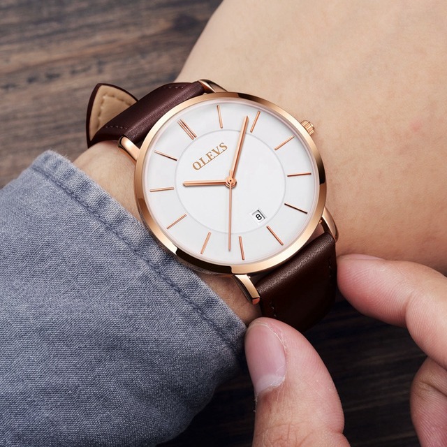 OLEVS Ultra-thin Men Watches Top Brand Fashion Casual Luxury Genuine Leather Japan Quartz Waterproof Wristwatch for Male